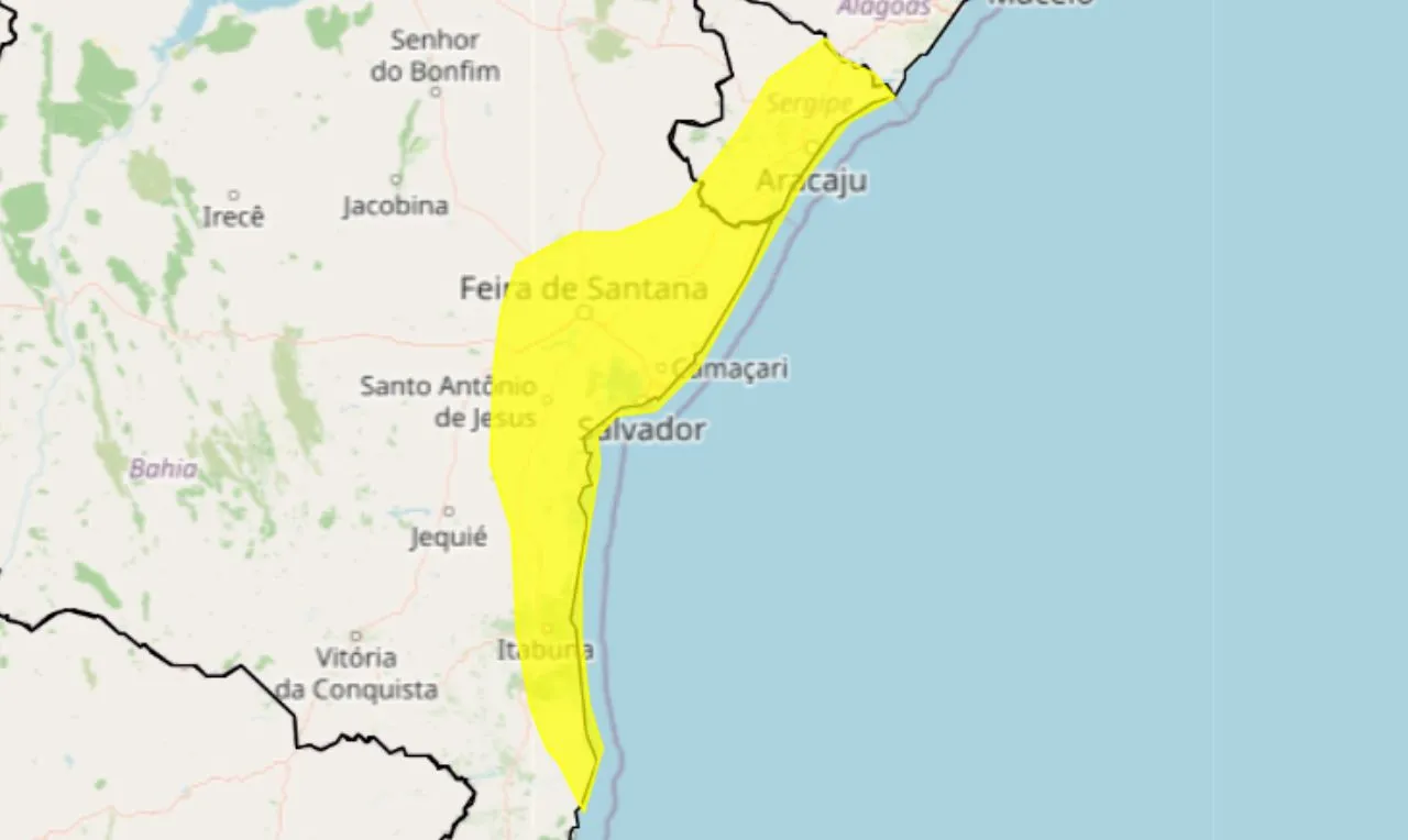 O mapa mostra as &aacute;reas em alerta para chuva intensa e ventos